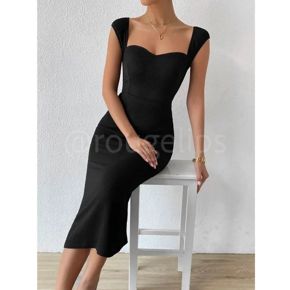 Sweetheart Neckline Decollete Black Pencil Dress Lace Up Back Slit Midi - Picture 7 of 9